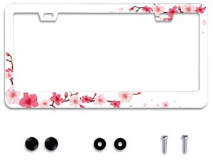 Personalise Beautiful Cherry Blossom License Plate Frames Floral License Plate Frame Car Universal Aluminum Accessories Cars Decor with 2 Holes and Screws Fits Standard US Vehicles Size: 12.2 x 6 Inch