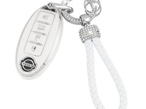UHONSN for Nissan Key Fob Cover 4 Button Auto Start Soft TPU Smart Keyless Case Keys Protector Chain Cute Car Accessories Girly White