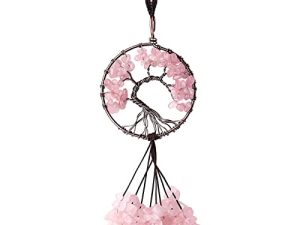 MAIBAOTA Car Accessories Pink Rose Quartz Cute Tree of Life Healing Crystals Stone Rear View Mirror Accessories Hippie Boho Interior Room Wall Hanging Ornament Good Luck Decor for Women