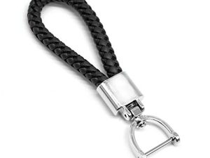Universal Black Leather Car Fob Keychain Metal Keyring Woven Strap Braided Rope Key Chain for Men and Women - Silver Color
