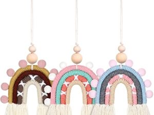 3 Pieces Boho Rainbow Car Charm Macrame Rainbow Car Diffuser Cute Car Air Fresheners Essential Oil Diffuser Handmade Hanging Car Accessories Decor for Car Interior (Retro Style)