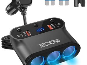Cigarette Lighter Splitter 300W: OUFFUN 3-Socket Cigarette Lighter Adapter DC Outlet with 18W QC3.0 and 30W PD3.0 USB C Multi USB Port