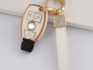 1797 for Mercedes Key Fob Cover fit Benz C E G M Class GLC GLE GLS CLA CLS Accessories Car Keychain Bling Case Shell Protector Girly Cute White Gold TPU