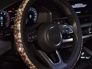Leather Sparkle Crystal Rhinestones Steering Wheel Cover for Women Girls with Bling Bling Diamond ，Fit 15 Inch Car Wheel Protector Anti Slip Accessories (Leopard Print)