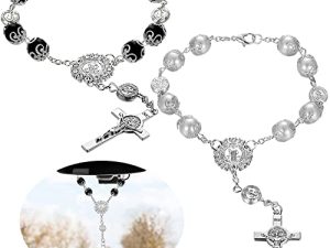 Saint Benedict Car Rosary 2 Pcs Rearview Mirror Auto Rosary Hanging Personalized Car Cross Blessing Catholic Car Medal for Truck Bike Motorcycle Car Mirror Hanging Accessories Decors (Silver