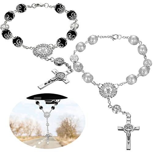 Saint Benedict Car Rosary 2 Pcs Rearview Mirror Auto Rosary Hanging Personalized Car Cross Blessing Catholic Car Medal for Truck Bike Motorcycle Car Mirror Hanging Accessories Decors (Silver Saint Benedict Car Rosary 2 Pcs Rearview Mirror Auto Rosary Hanging Personalized Car Cross Blessing Catholic Car Medal for Truck Bike Motorcycle Car Mirror Hanging Accessories Decors (Silver