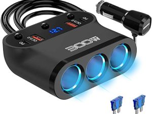 Cigarette Lighter Splitter Adapter 300W: Car 12v Splitter 3 Socket Car Charger Extension Dual PD USB C and 18W QC Ports 12Volt Power Outlet with Button Switch LED Voltmeter for GPS Dash Cam Car Heater