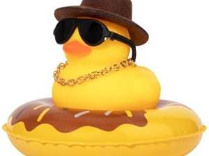 wonuu Car Rubber Duck Car Duck Decoration Dashboard Car Ornament for Car Dashboard Decoration Accessories with Mini Sun Hat Swim Ring Necklace and Sunglasses (A-Black&Brown Top Hat)