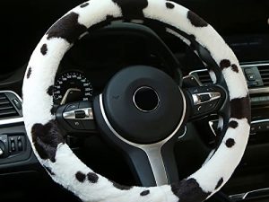 ALEMODR Plush Cow Print Steering Wheel Cover Fluffy Winter Warm Universal 15 inch for Women Girls