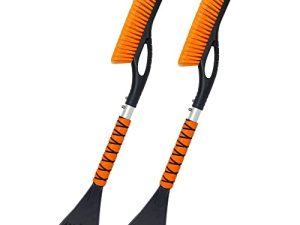 EcoNour 27" Aluminum Car Snow Scraper and Brush (Orange) | Weaved Bristle Head with Metal Body Ice Scraper for Car Windshield | Tough Ice Scraper with Ergonomic Foam Grip Winter Accessory | 2 Pack