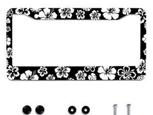 White Hibiscus Hawaii License Plate Frames Round Hole Personalise License Plate Frame Car Universal Accessories Aluminum Cars Decor Fits Standard US Vehicles Size: 12.2 x 6 Inches