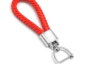 Universal Red Leather Car Fob Keychain Metal Keyring Woven Strap Braided Rope Key Chain for Men and Women - Silver Color