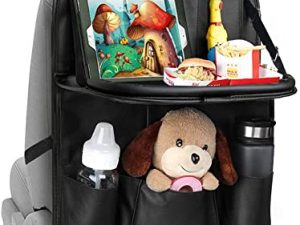 Tsumbay Car Backseat Organizer with Tablet Holder，9 Storage Pockets PU Leather Car Storage Organizer with Foldable Table Tray Car Seat Back Protectors Kick Mats Travel Accessories-Black 1Pcs