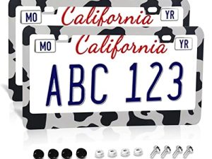 Cow Print License Plate Frame,Cow License Plate Frames,Cow Print Car Accessories Cow Tag Frames Cover Holder Aluminum Metal Front Rear White Black Spot Decorative 2 Pack 2Holes for Women