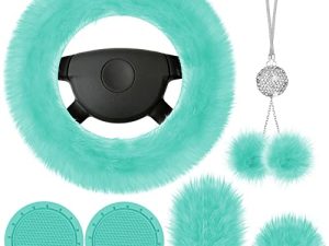6 Pieces Fluffy Car Accessories Set Fluffy Steering Wheel Cover Soft Fuzz Handbrake Cover Gear Shift Cover Bling Car Mirror Fuzz Car Decoration 2 Pieces Bling Car Pad (Long Hair