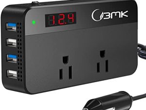 BMK 200W Car Power Inverter DC 12V to 110V AC Car Inverter 4 USB Ports Charger Adapter Car Plug Converter with Switch and Current LCD Screen