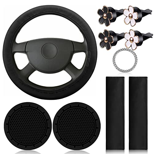 10 Pcs Leather Steering Wheel Cover for Women Cute Car Accessories Set with Seat Belt Shoulder Pads Seatbelt Covers Cup Holders Bling Start Button Ring Sticker Air Vent Clip Car Accessories (Black) 10 Pcs Leather Steering Wheel Cover for Women Cute Car Accessories Set with Seat Belt Shoulder Pads Seatbelt Covers Cup Holders Bling Start Button Ring Sticker Air Vent Clip Car Accessories (Black)