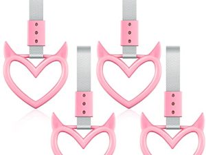 4 Pieces Heart Shaped Car Handle Straps Hang Ring Rear Bumper Warning Ring Decorative Subway Train Bus Handle Hand Strap Drift for Car Interior(Pink