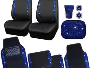 CAR PASS Bling Rhinestone Diamonds Car Seat Covers Leather&Shining Diamond Car Floor mats Carpet with Anti-Slip Nibs&Bling Car Accessories Sets(Blue Glitter Crystal Diamond Combo Set)