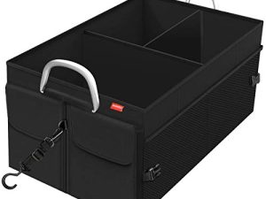 MORROLS Car Trunk Organizer - Trunk Storage Organizer Collapsible 3-Compartments with Aluminium Alloy Handle and Adjustable Securing Straps (Black)