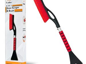 EcoNour 27" Aluminum Car Snow Scraper and Brush (Red) | Scratch-Free Weaved Bristle Head with Metal Body Ice Scraper for Car Windshield | Tough Ice Scraper with Ergonomic Foam Grip for Cars | 1 Pack