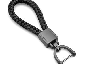 Universal Black Leather Car Fob Keychain Metal Keyring Woven Strap Braided Rope Key Chain for Men and Women - Matte Black Color