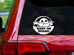 Baby Yoda on Board Decal Sticker Viynl White 5.5 inch Glass Window Car Laptop Wall Art