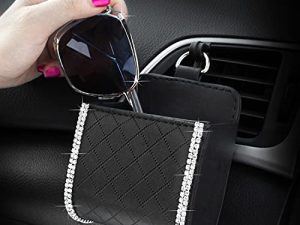 Car Air Vent Storage Bag Organizer Pocket Bling Driver Pockets Handmade Crystal Rhinestone Patterned Air Vent Phone Holder Sunglass Coin Key Card Case Organizer with Hook- Black