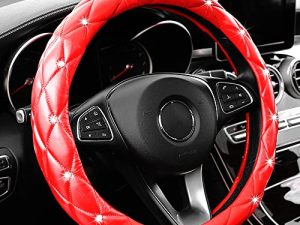YOGURTCK Cute Diamond Soft Leather Anti-Slip Steering Wheel Cover with Bling Bling Crystal Rhinestones