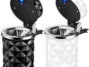 Frienda 2 Pieces Car Cup Holder with Lid Smell Proof Car Cylinder Portable with Blue LED Light Cylinder Stand Cylinder Cup Holder Mini Car Trash Can for Most Car Cup Holder(Black