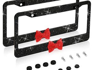 2 Pack Bling License Plate Frame，Handcrafted Bling Rhinestone Premium Stainless Steel License Plate Frame，14 Facets Clear Color Rhinestone Crystal (Black&Red-Bow)
