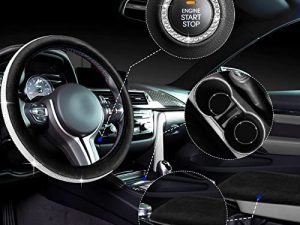 5 Pieces Bling Car Accessories Set Crystal Diamond Car Steering Wheel Cover Faux Fur Auto Center Console Pad Cup Insert Coasters Rhinestone Ring Sticker for Car Decor (Black)