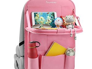 Tsumbay Car Back Seat Organizer Upgraded PU Leather Car Storage Organizer with Foldable Table Tray
