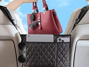 SEAMETAL Car Leather Pocket Handbag Holder Between Seats Back Storage Organizer Auto Purse Holder for Console Front Seat Storage Barrier (Black)