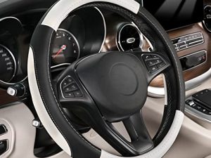 SEG Direct Black and White Microfiber Leather Auto Car Steering Wheel Cover Universal 15 inch