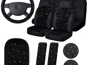 15 Pieces Bling Velvet Fabric Car Seat Covers Full Set Black Bling Car Accessories for Women