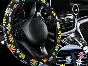 Cute Steering Wheel Cover Flower Steering Wheel Cover Floral Steering Wheel Cover for Girls with 4 Pieces Cute Flowers Car Air Vent Clips for Women Girls Car Decorations (Sunflower Style)