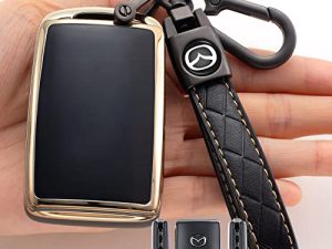 Saimui Smart Key Fob Case Cover Protector with Leather Key Holder Compatible with 2019-2022 Mazda 3