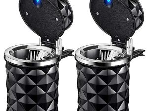 2 Pieces Car Cup Holder with Lid Smell Proof Car Cylinder Portable with Blue LED Light Cylinder Stand Cylinder Cup Holder Mini Car Trash Can for Most Car Cup Holder (Black)
