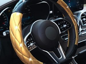 Xizopucy Black Gold Leather Bling Steering Wheel Cover