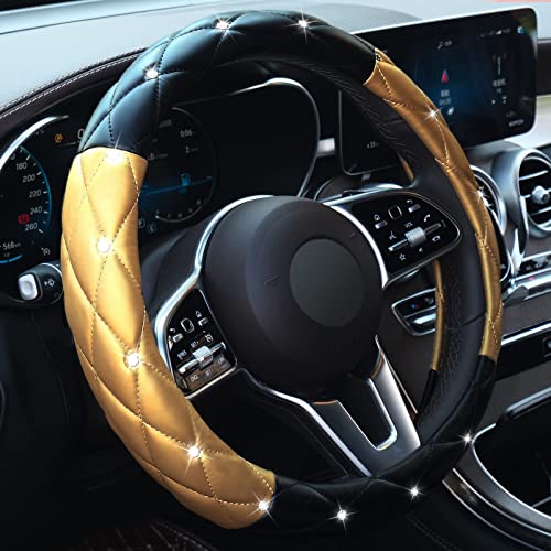 Xizopucy Black Gold Leather Bling Steering Wheel Cover Xizopucy Black Gold Leather Bling Steering Wheel Cover