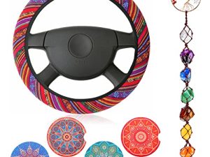 6 Piece Mandala Car Accessories Set Include Absorbent Mandala Ceramic Car Coasters Boho Steering Wheel Cover Handmade Crystal Window Car Hanging Ornaments for Women Car Decor (Novel Style