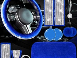 10 Pieces Bling Car Accessories Set Steering Wheel Cover Seat Belt Pads Center Console Pad Car Cup Ring Sticker Handbrake Cover Shift Gear Cover Mirror Hanging Accessories for Car Decor