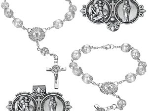 4 Pcs Car Rosary Saint Benedict Silver Rosary Rearview Mirror Hang Auto Rosary with Car St Christopher Visor Medal Car Cross Religious Accessory Bless Safety Gift for Parent Friend Truck Bike Driver