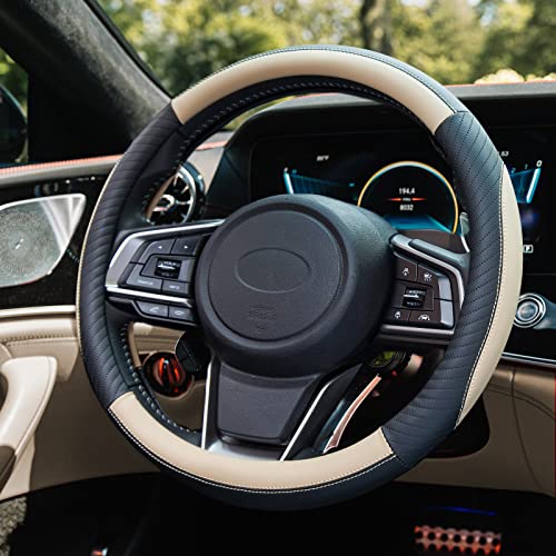 ZATOOTO Car Steering Wheel Cover - Beige Black Microfiber Leather Auto Sport Universal 15 inch for Family Women Men Interior Accessories ZATOOTO Car Steering Wheel Cover - Beige Black Microfiber Leather Auto Sport Universal 15 inch for Family Women Men Interior Accessories