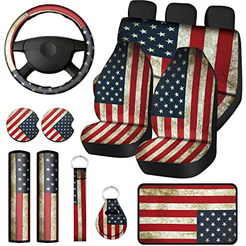 15 PCS Patriotic American Flag Wood Deer Skull Camo Car Accessories Set 4th of July Car Steering Wheel Cover Thickened Car Seat Covers Keyring Car Coaste Seat Belt Pad(Flag Style) 15 PCS Patriotic American Flag Wood Deer Skull Camo Car Accessories Set 4th of July Car Steering Wheel Cover Thickened Car Seat Covers Keyring Car Coaste Seat Belt Pad(Flag Style)