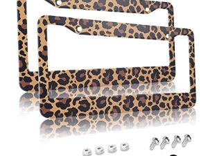 Leopard Cheetah Print License Plate Frames Covers Holder Cheetah Leopard Car Tag Frame Holder Car Accessories 2 Pack Brown Stainless Aluminum Decorative 2 Pcs Set for Girl Women Men Vehicles