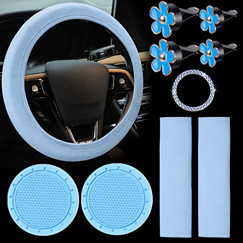 10 Pcs Leather Steering Wheel Cover for Women Cute Car Accessories Set with Seat Belt Shoulder Pads Seatbelt Covers Cup Holders Bling Start Button Ring Sticker Air Vent Clip Car Accessories(Blue) 10 Pcs Leather Steering Wheel Cover for Women Cute Car Accessories Set with Seat Belt Shoulder Pads Seatbelt Covers Cup Holders Bling Start Button Ring Sticker Air Vent Clip Car Accessories(Blue)