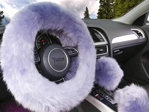 Yontree Fashion Fluffy Steering Wheel Covers for Women/Girls/Ladies Australia Pure Wool 15 Inch 1 Set 3 Pcs (Gray)