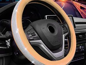 Alusbell Crystal Diamond Steering Wheel Cover Soft Velvet Feel Bling Steering Wheel Cover for Women Universal 15 inch Plush Wheel Cover for Escape Fusion Focus Accord Prius Rav4 Khaki